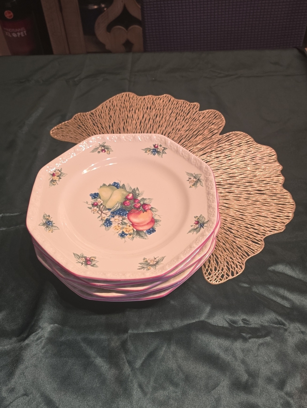 Avon Pink-Trim Fruit & Floral Porcelain Dinner Plates